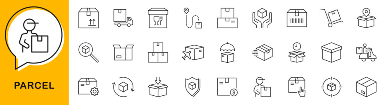 Parcel icon set. Package box icon in line style. Editable web icons logistics, packing, delivery, box, container, shipping, transportation etc. Vector illustration.