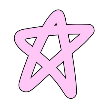 A simple pink star outline, hand-drawn with thick, rounded lines, against a white background. The star has five points and a pentagonal cutout in the center