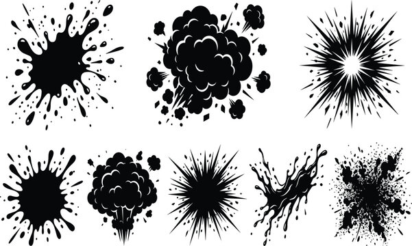 Set of black and white comic explosions, ink splatters, and impact vector icons.   Set of black and white comic explosions, ink splatters, and impact vector icons.