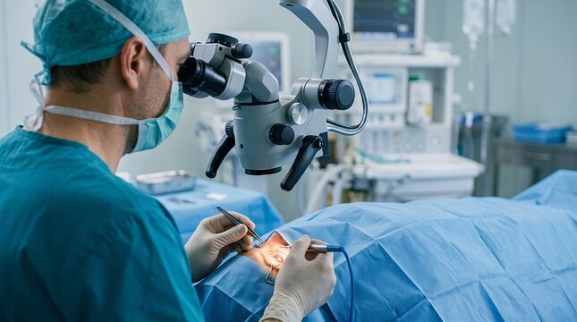Eye surgeon performing cataract surgery with surgical microscope