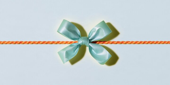 String tied in a bow with a twisted orange cord and teal ribbon on a grey background for eco packaging and gift design, featuring copy space