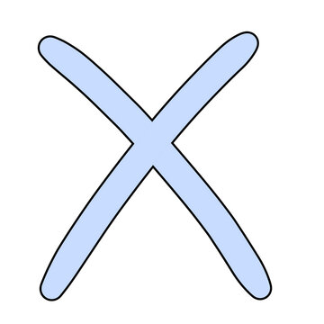 A simple light blue cross symbol or mark against a white background. This symbol is often used to indicate a mistake, incorrect answer, or rejection.