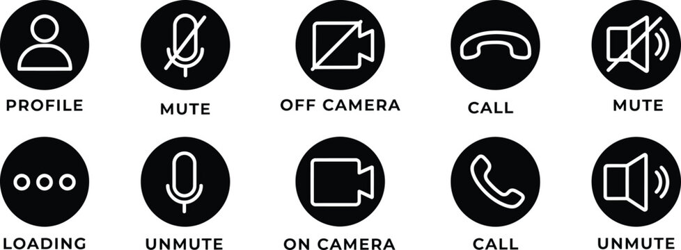 Video conference UI icon set featuring profile mute unmute camera on off and end call buttons
