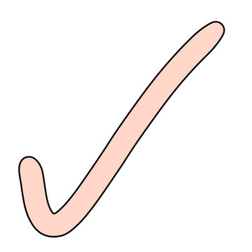 A simple illustration of a pink checkmark. The checkmark is a curved line with a hook at the bottom and a longer, sloping line extending upwards to the right