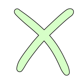 A pale green 'X' symbol rendered with a playful, hand-drawn aesthetic, starkly set against a clean white backdrop. This simple yet impactful graphic conveys negation or incorrectness