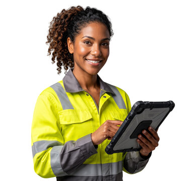 Smiling African American female technician holding rugged tablet