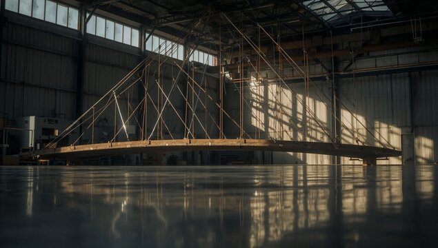Wooden bridge suspended from ceiling in a building