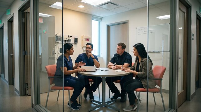 Care team huddle seen through a glass partition
