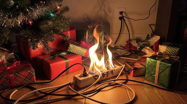 Burning Electrical Extension Cord Beside Wrapped Holiday Presents Illustrating Short Circuits and Seasonal Fire Hazards