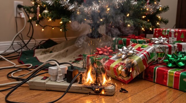 Burning Electrical Extension Cord Beside Wrapped Holiday Presents Illustrating Short Circuits and Seasonal Fire Hazards