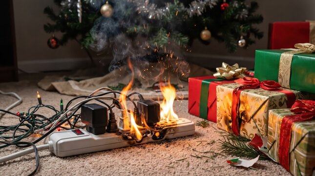 Burning Electrical Extension Cord Beside Wrapped Holiday Presents Illustrating Short Circuits and Seasonal Fire Hazards