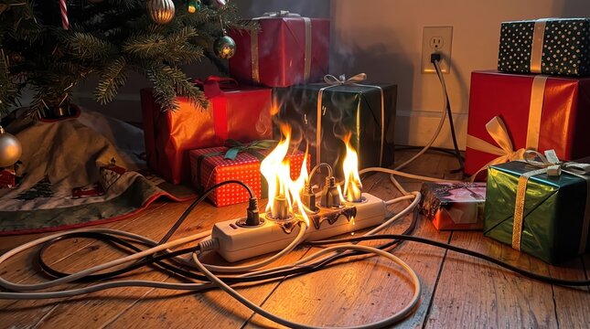 Burning Electrical Extension Cord Beside Wrapped Holiday Presents Illustrating Short Circuits and Seasonal Fire Hazards