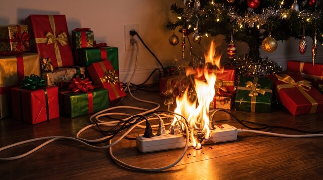 Burning Electrical Extension Cord Beside Wrapped Holiday Presents Illustrating Short Circuits and Seasonal Fire Hazards