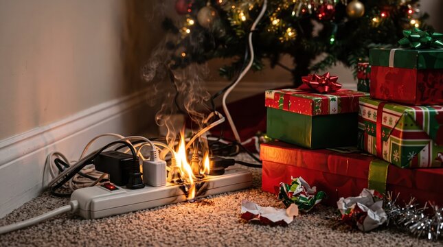 Burning Electrical Extension Cord Beside Wrapped Holiday Presents Illustrating Short Circuits and Seasonal Fire Hazards
