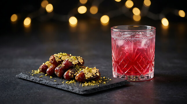 Ramadan iftar rose drink and gold leaf dates on slate platter