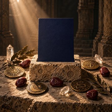 Blank indigo card mockup standing in a weathered limestone block, surrounded by ancient talismans and rune stones for branding and design