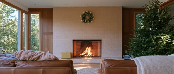 Naklejka premium Cozy living room fireplace with a roaring fire and decorated Christmas tree, warm glowing interior for holiday home backgrounds
