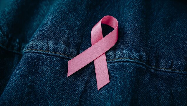 A pink ribbon is pinned to a blue jean jacket, a symbol of support and awareness for a cause