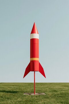 Model rocket in red and white standing on a launch rod above a steel plate, with a soft overcast sky and copy space for space education