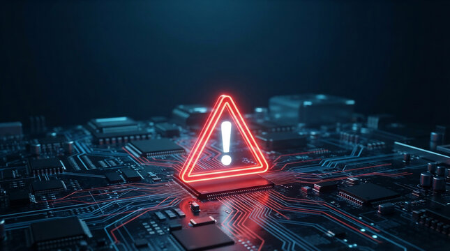Glowing red warning exclamation mark symbol standing on a complex computer circuit board representing cybersecurity threat or system error