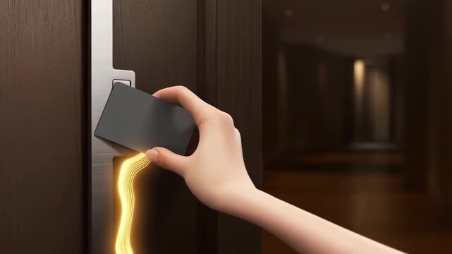 60 FPS close up hand taps RFID keycard on hotel door lock reader with glowing access scan
