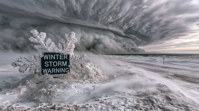 Winter storm warning snowflake sign partially buried in a wind-blown snowdrift under a dark blizzard sky for weather alerts and banners