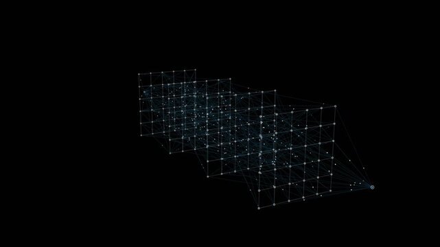 Rotating 3D Digital Matrix Grid of Glowing Data Nodes and Connecting Cyber Lines Animation