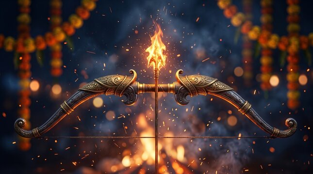 Glowing burning bow and fiery arrow celebrating Dussehra Vijayadashami festival, traditional Indian Hindu mythology triumph of good over evil poster banner design background.