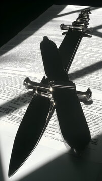The Editor's Blade - A silver letter opener casting long shadows across heavily redacted documents