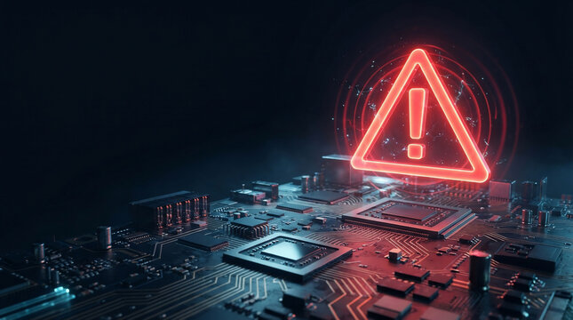 Digital warning sign hovering over a complex computer circuit board representing cybersecurity threats, system errors, and data protection issues