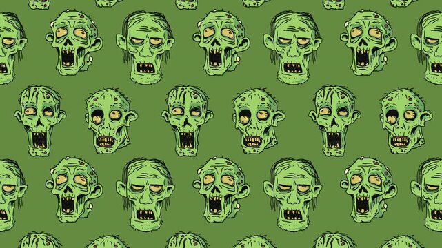 Seamless looping 2D animation pattern of creepy zombie heads with scary faces, open mouths, yellow eyes on an olive green background for Halloween events, game app UI, social media ads, or web banners