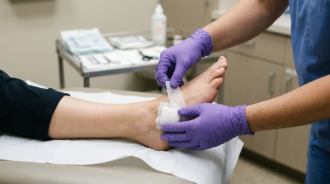 Professional wound care treatment for foot injury, healthcare worker applying sterile gauze bandage in clinic, podiatrist dressing ankle wound