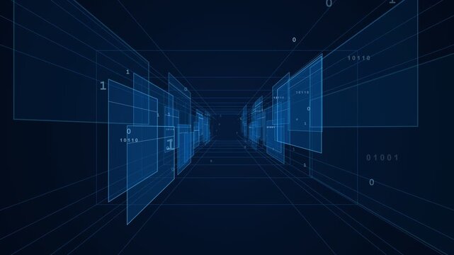 Digital Data Corridor with Floating Binary Screens and HUD Panels in Cyberspace Animation