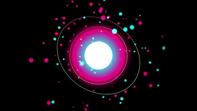 Futuristic energy sphere with glowing orbit ring and particle on black