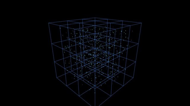 Glowing blue wireframe cube containing floating particles moving inside abstract digital space against dark background
