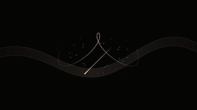 Golden glowing sewing needle with thin thread icon animation, luxury tailor concept video background, glowing particle effect backdrop