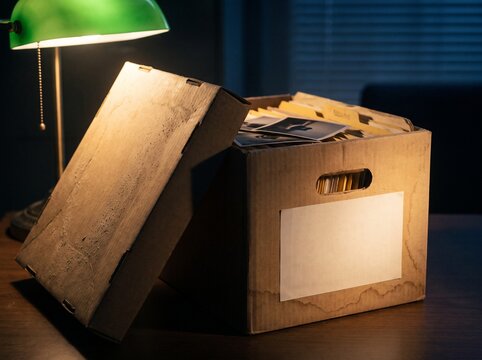 Dusty Cold Case File Box With Blank Label Under Green Lamp