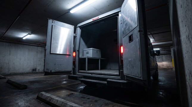 Armored Van With Open Rear Doors In Underground Loading Bay