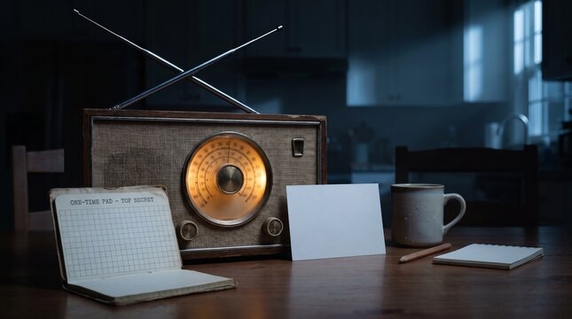 One Time Pad Booklet Beside Shortwave Radio At Night