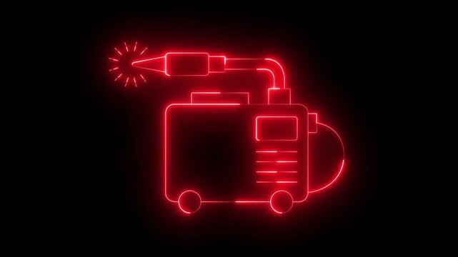 glowing neon welding machine icon isolated on black background. Industrial welding equipment and manufacturing concepts. 4k video animation.