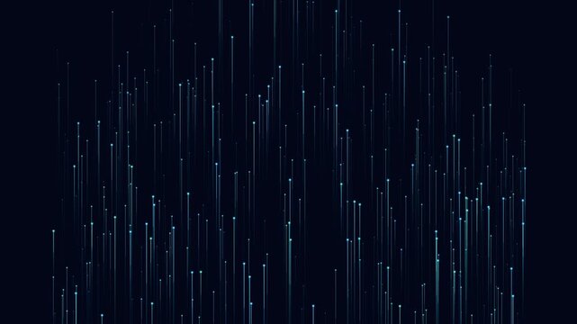 Glowing Cyan Data Streaks Rising with Digital Particle Nodes on Black Background