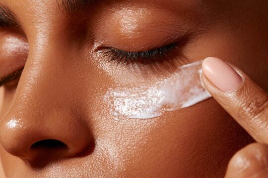 Close up of woman applying white moisturizing cream smear on her cheek. Gentle skin care process under bright sunlight for anti aging cosmetic banner, organic lotion advertisement, or wellness mockup.