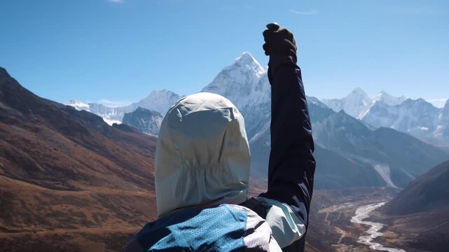 Successful trekker raising hiking pole in front of ama dablam, celebrating reaching the summit in the himalayas. Adventurous climber enjoys the stunning mountain view on a clear sunny day
