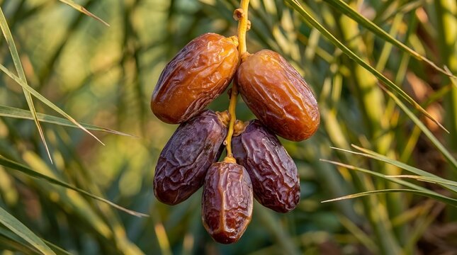 dates hanging on a date palm tree branch with green foliage background