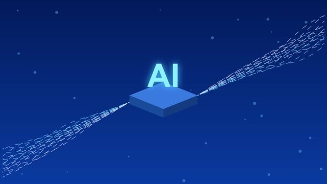 Glowing blue artificial intelligence text floating above digital processor platform with data streams passing through