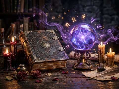 Mystical Spellbook and Magical Crystal Ball in a Dark Enchanted Room, still life with books