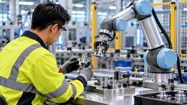 Factory engineer working alongside a collaborative robot at an assembly station, representing human machine teamwork, future workforce, industrial innovation and advanced manufacturing technology.