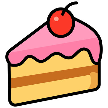Cute cartoon cake slice icon with pink frosting and cherry on top