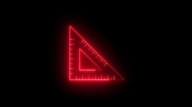 glowing neon geometric triangle ruler measurement tool icon isolated on black background. for academic and architectural design projects. angle ruler, carpentry, measuring utensil. 4k video animation.