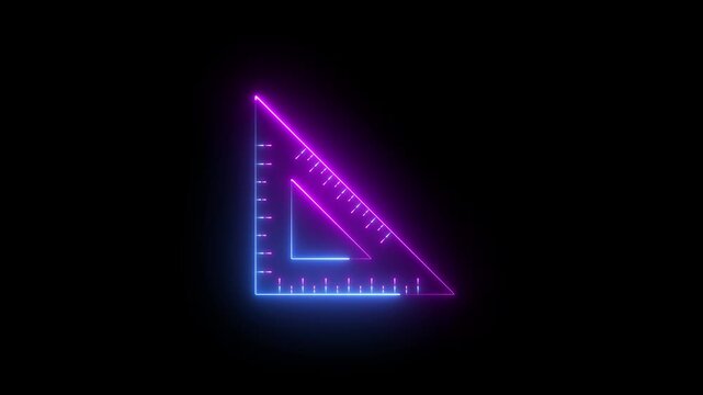 glowing neon geometric triangle ruler measurement tool icon isolated on black background. for academic and architectural design projects. angle ruler, carpentry, measuring utensil. 4k video animation.